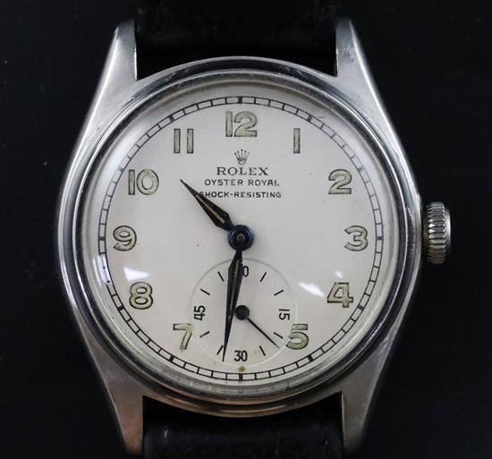 A gentlemans late 1940s? stainless steel Rolex Oyster Royal shock-resisting mid-size manual wind wrist watch,